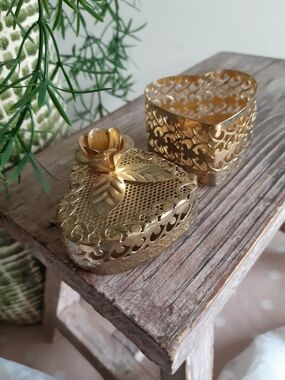 Gold Heart-Shaped Decorative Trinket Box with Floral Lid